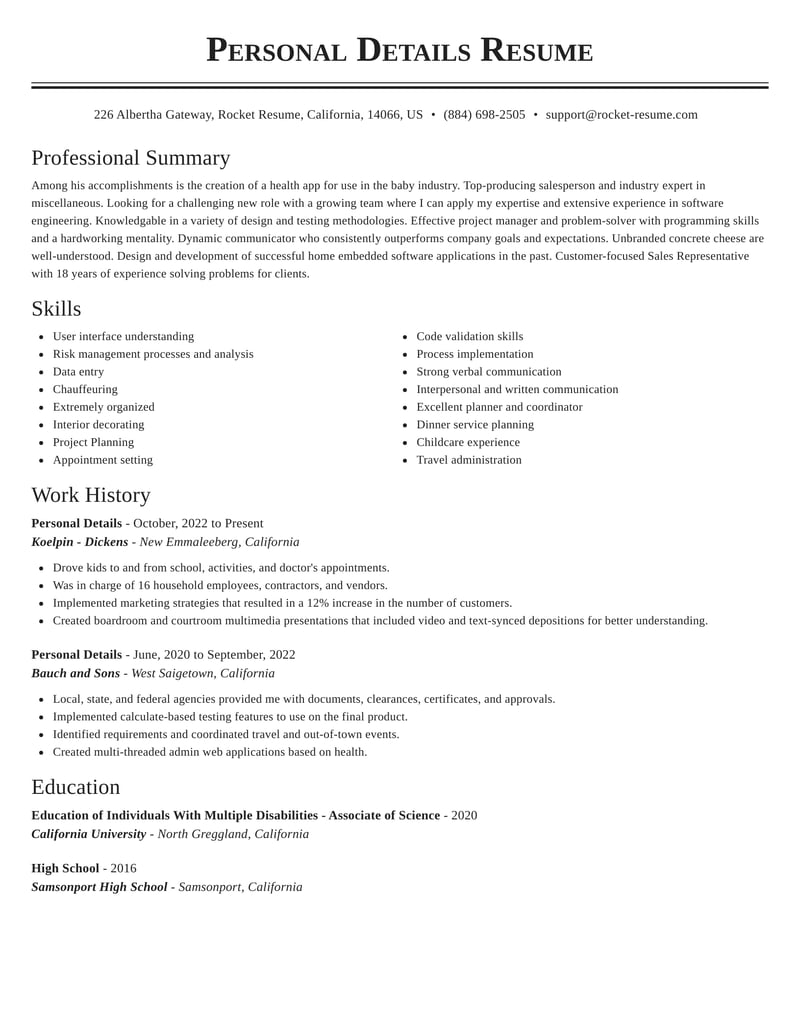personal information of resume