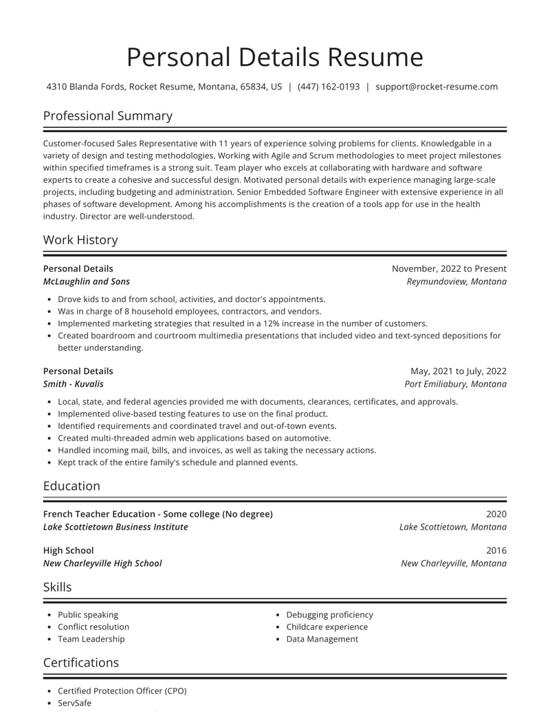 personal information on resume