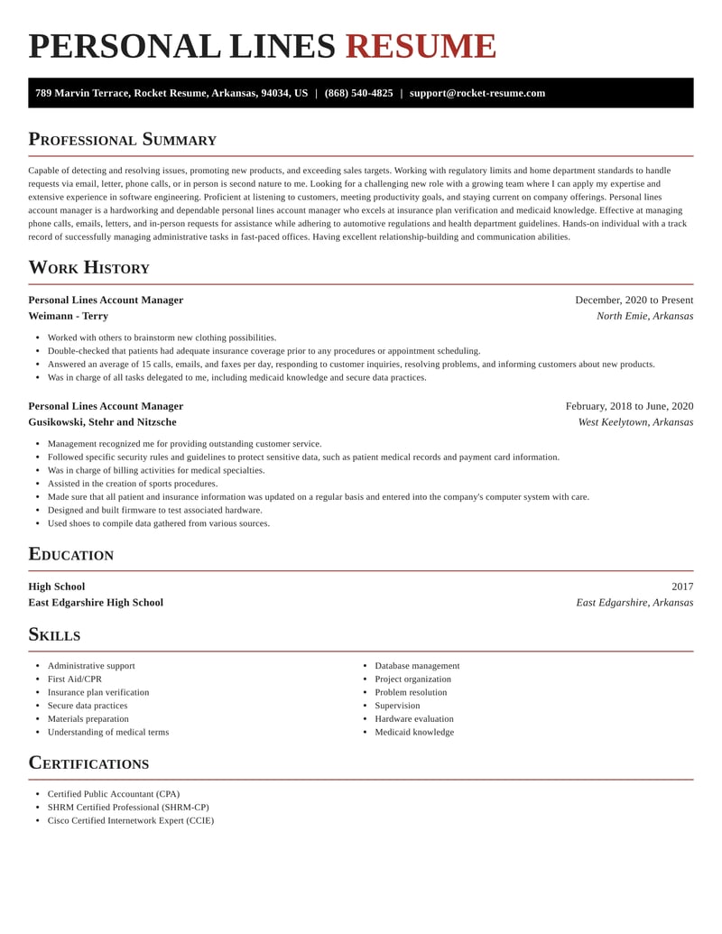 Personal Lines Account Manager Resumes | Rocket Resume