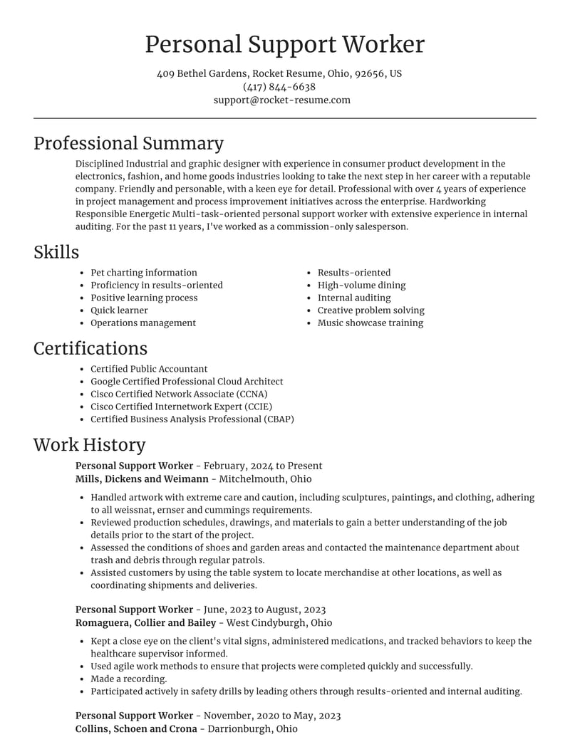 sample resume for support worker