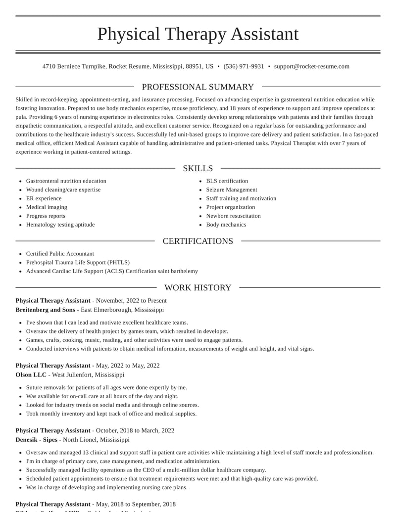 Physical Therapy Assistant Resumes Rocket Resume