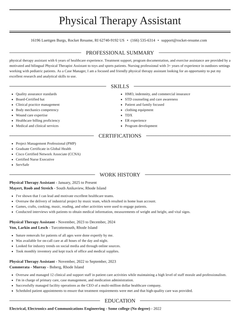 Physical Therapy Assistant Resumes Rocket Resume