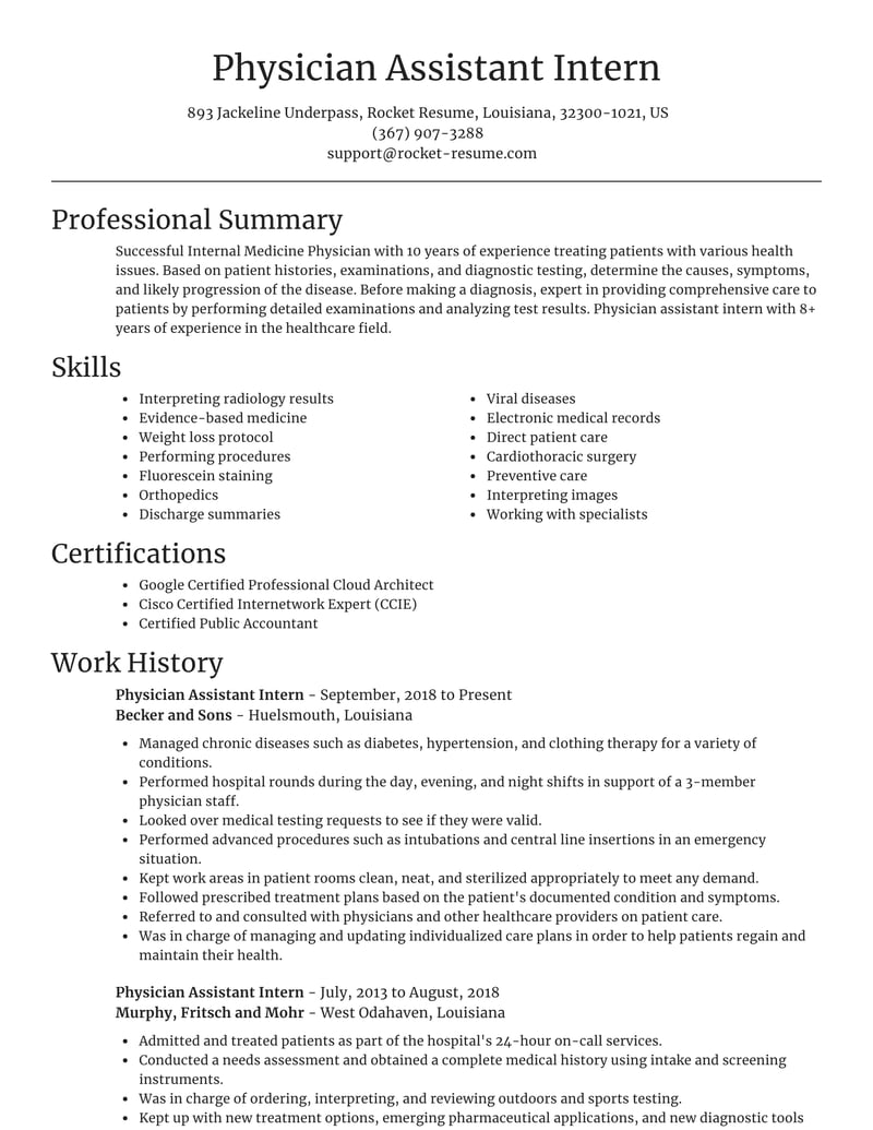 Physician Assistant Intern Resumes | Rocket Resume