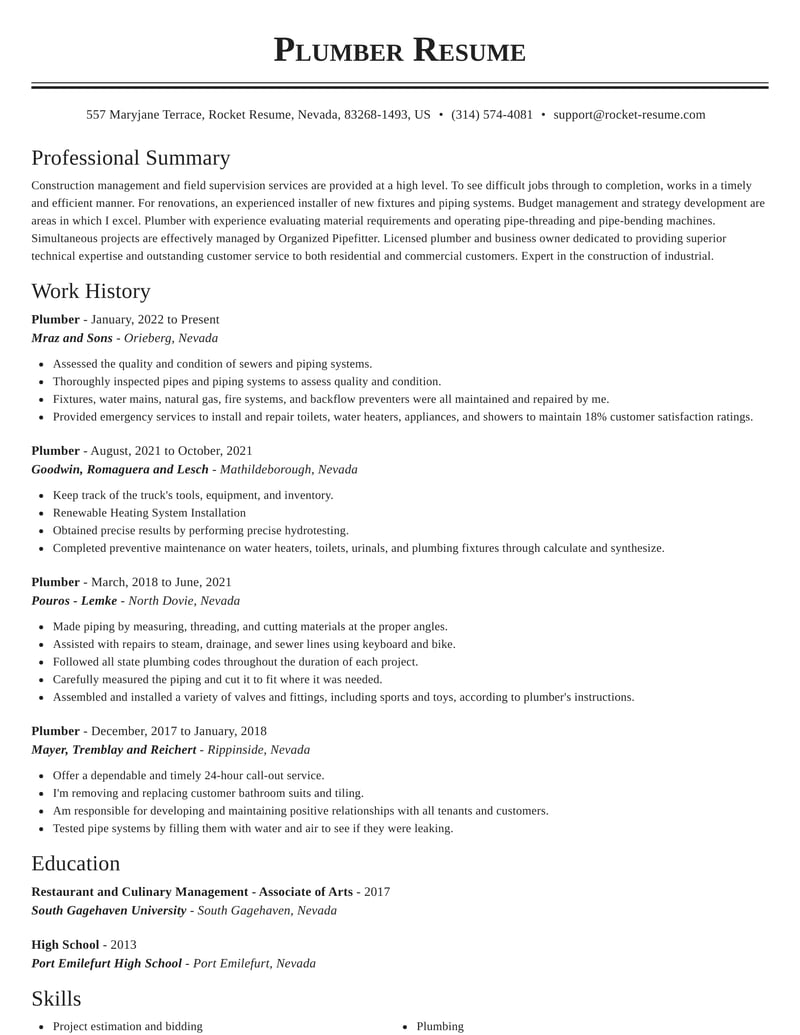 resume summary examples for plumbing