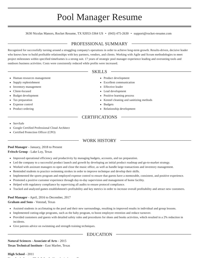 Pool Manager Resumes Rocket Resume