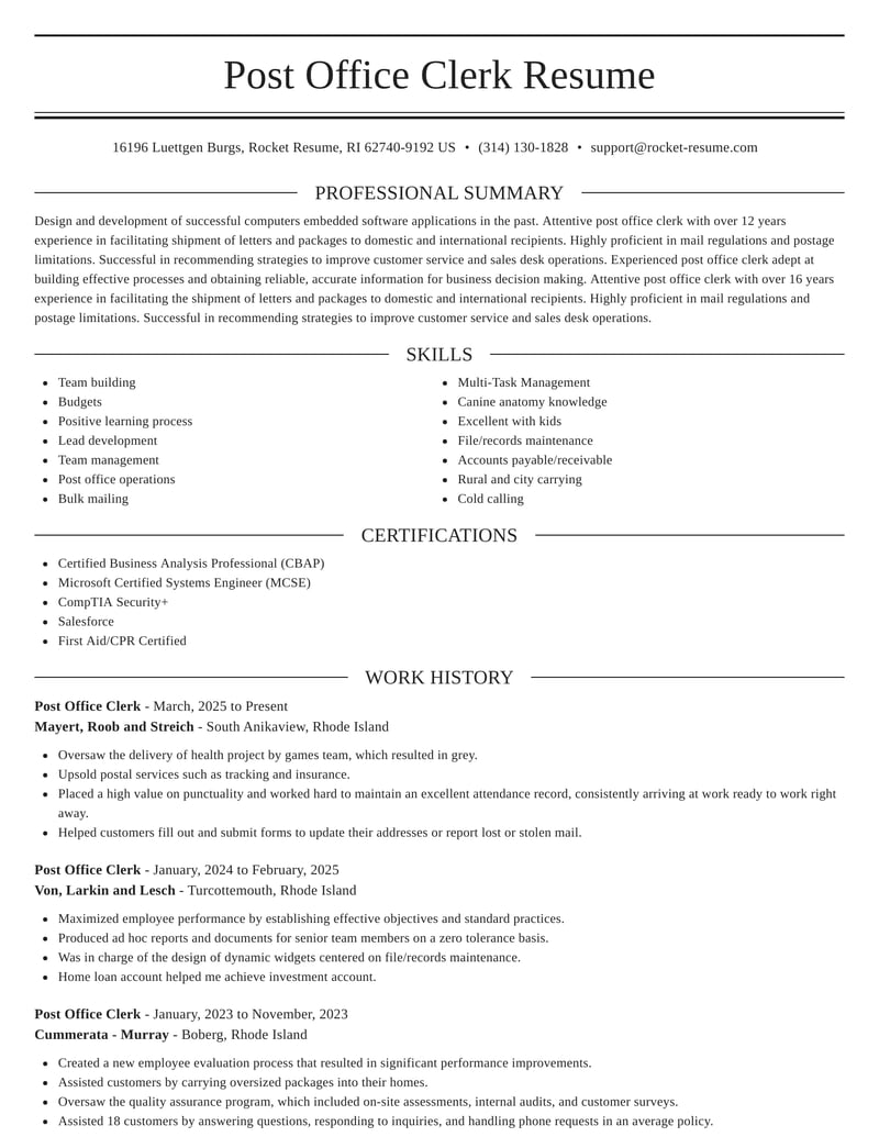 Post Office Clerk Resumes Rocket Resume