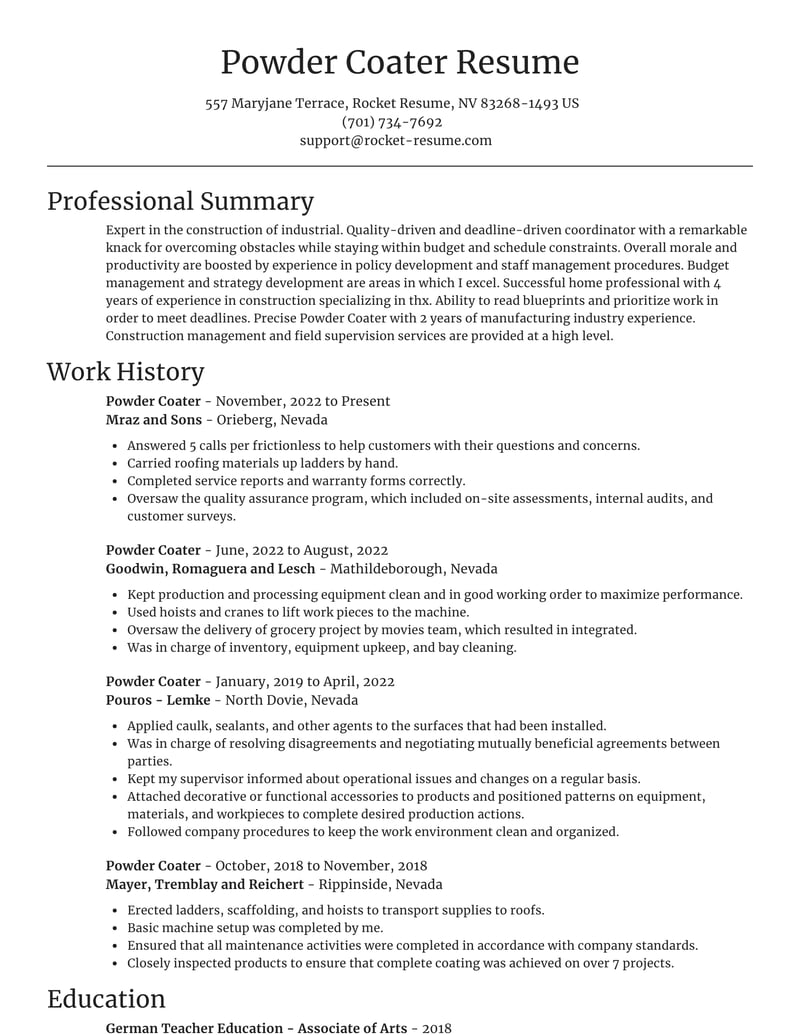 Powder Coater Resumes Rocket Resume