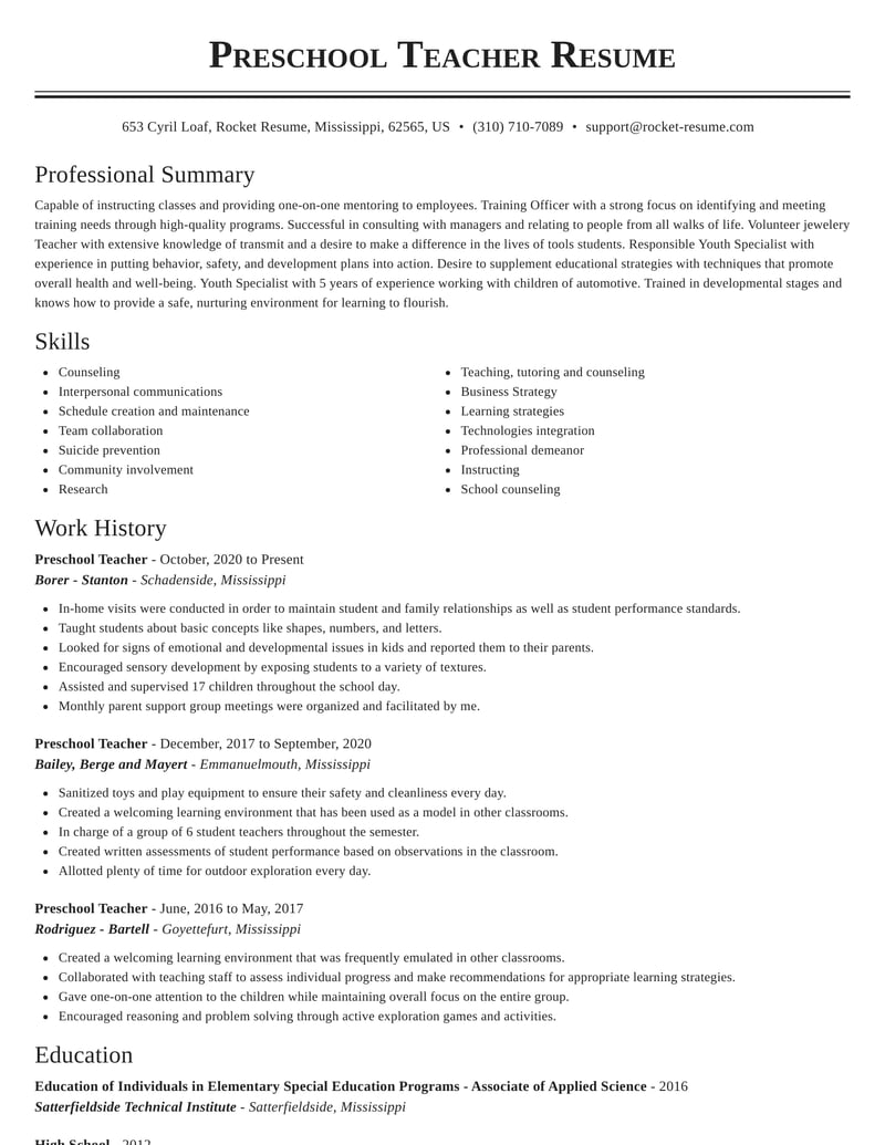 sample resume preschool teacher