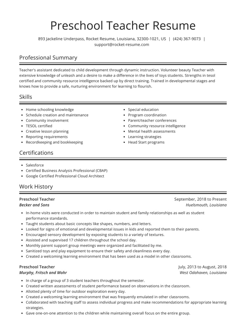 sample resume for preschool teacher