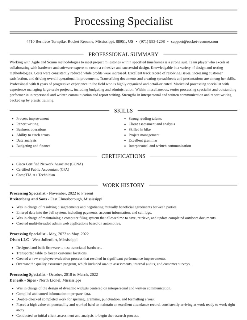 resume sample for word processing
