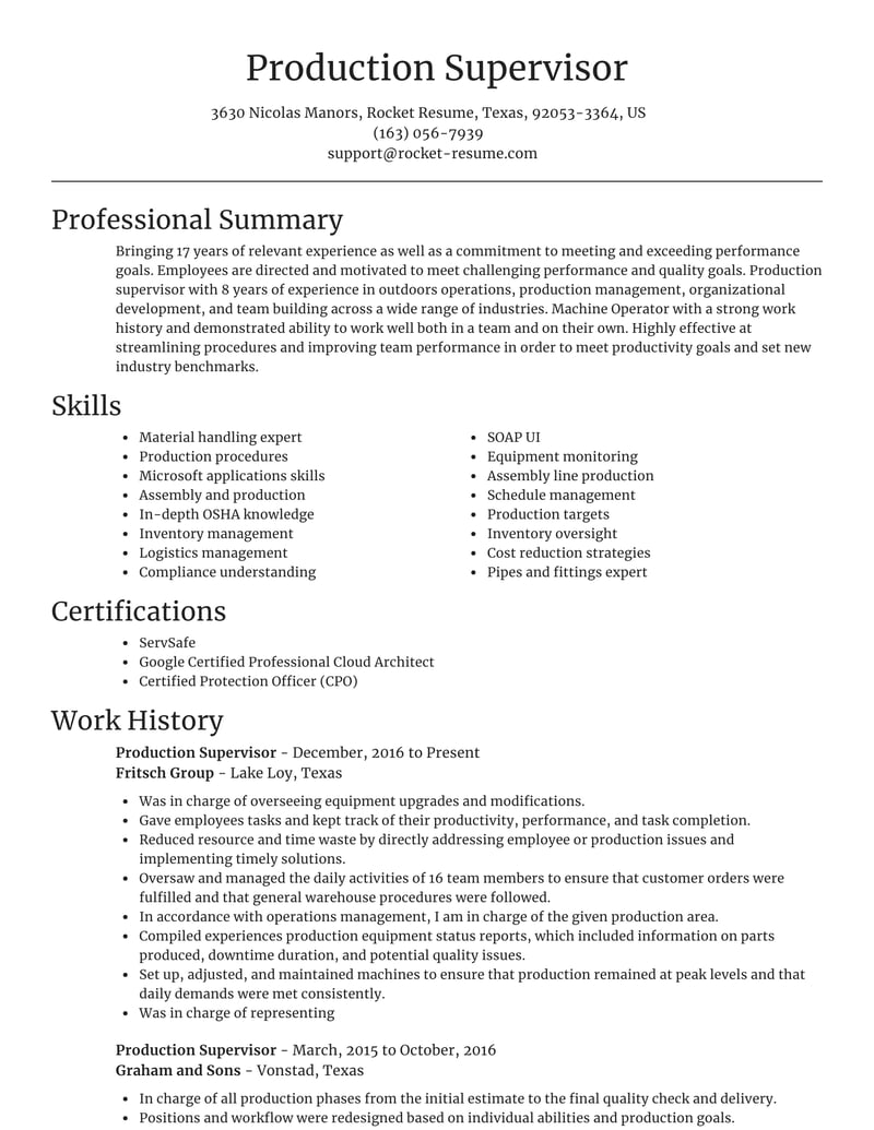 resume summary examples for production supervisor