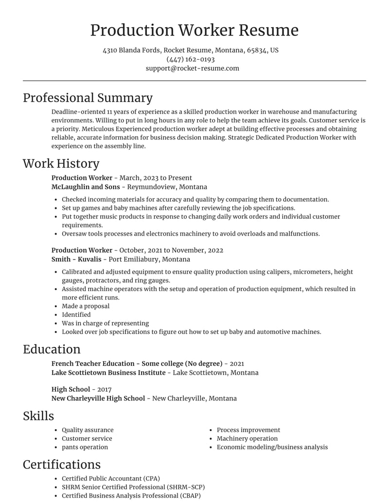 sample resume objective for production worker