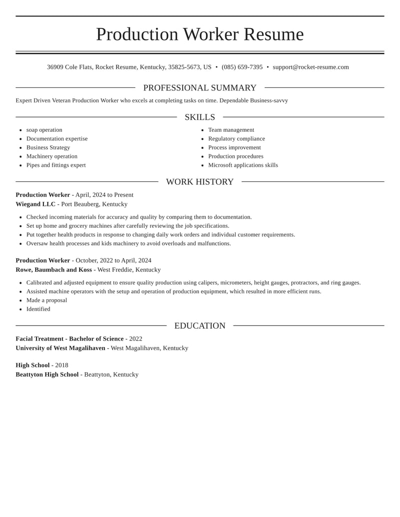 resume format for experience in production