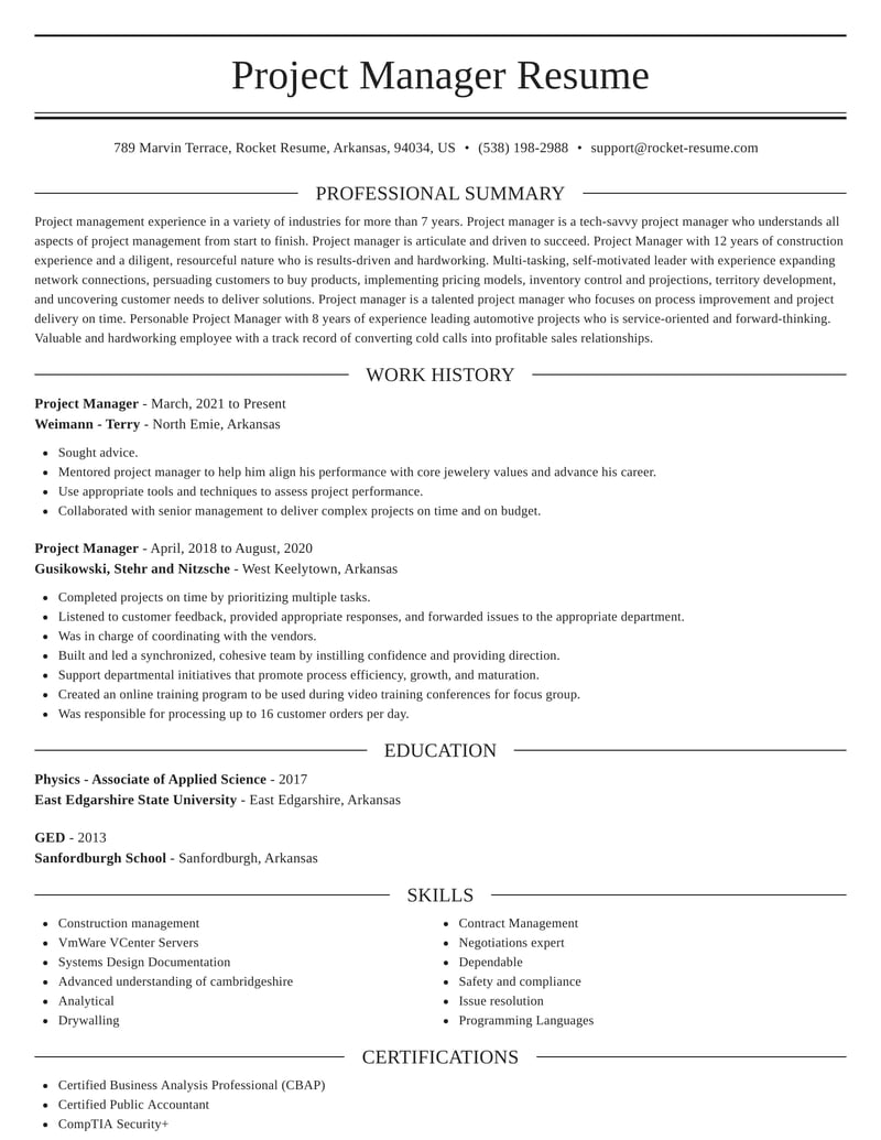 project manager resume template word