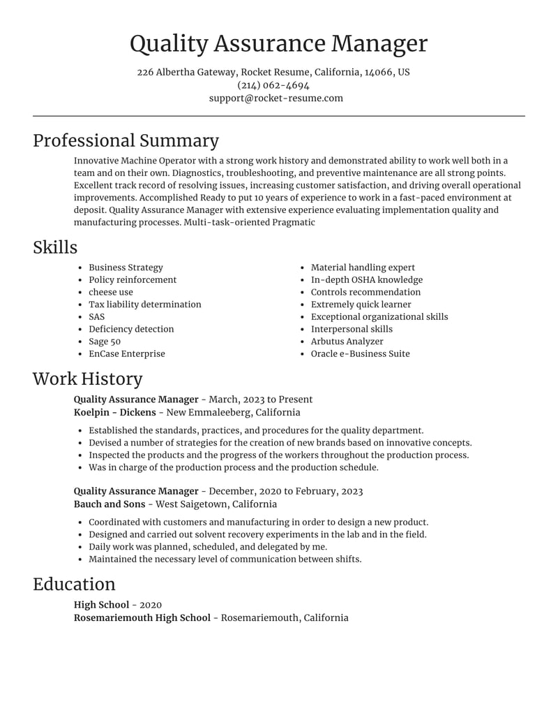 resume template quality assurance
