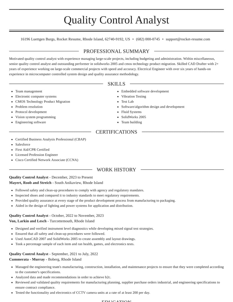 resume examples for quality control