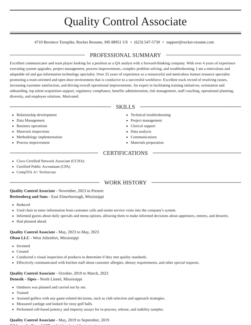 Quality Control Associate Resumes | Rocket Resume