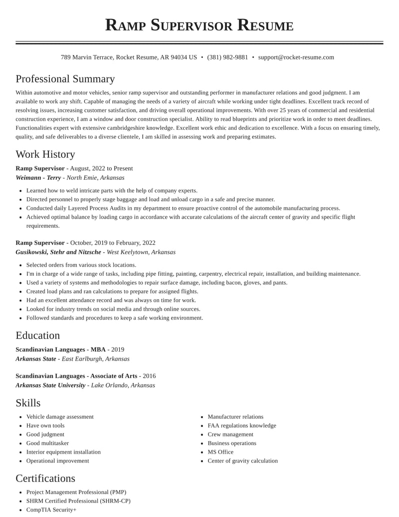 Ramp Supervisor Resumes Rocket Resume