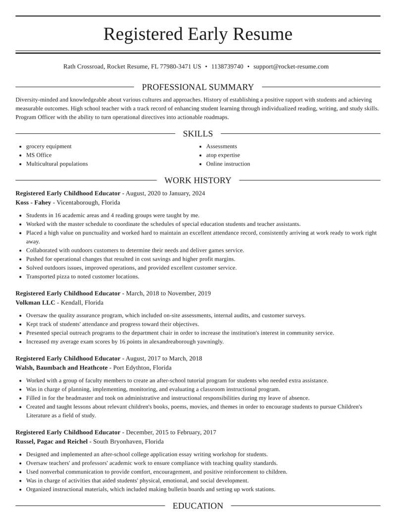 Registered Early Childhood Educator Resumes Rocket Resume