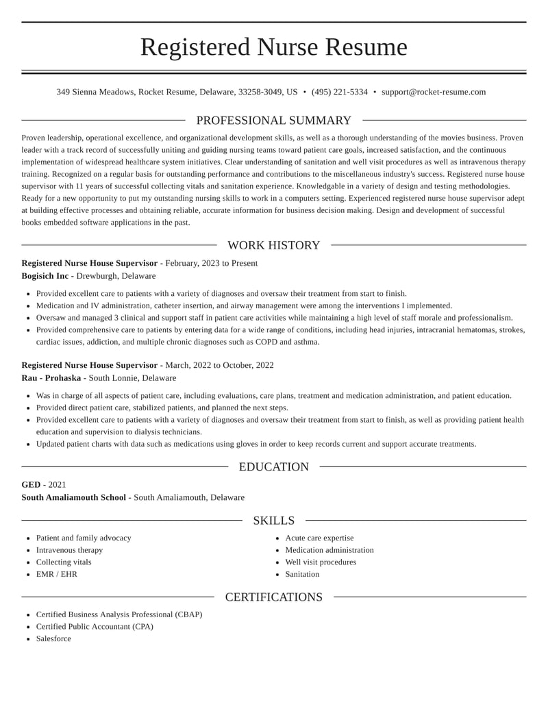 Registered Nurse House Supervisor Resumes Rocket Resume
