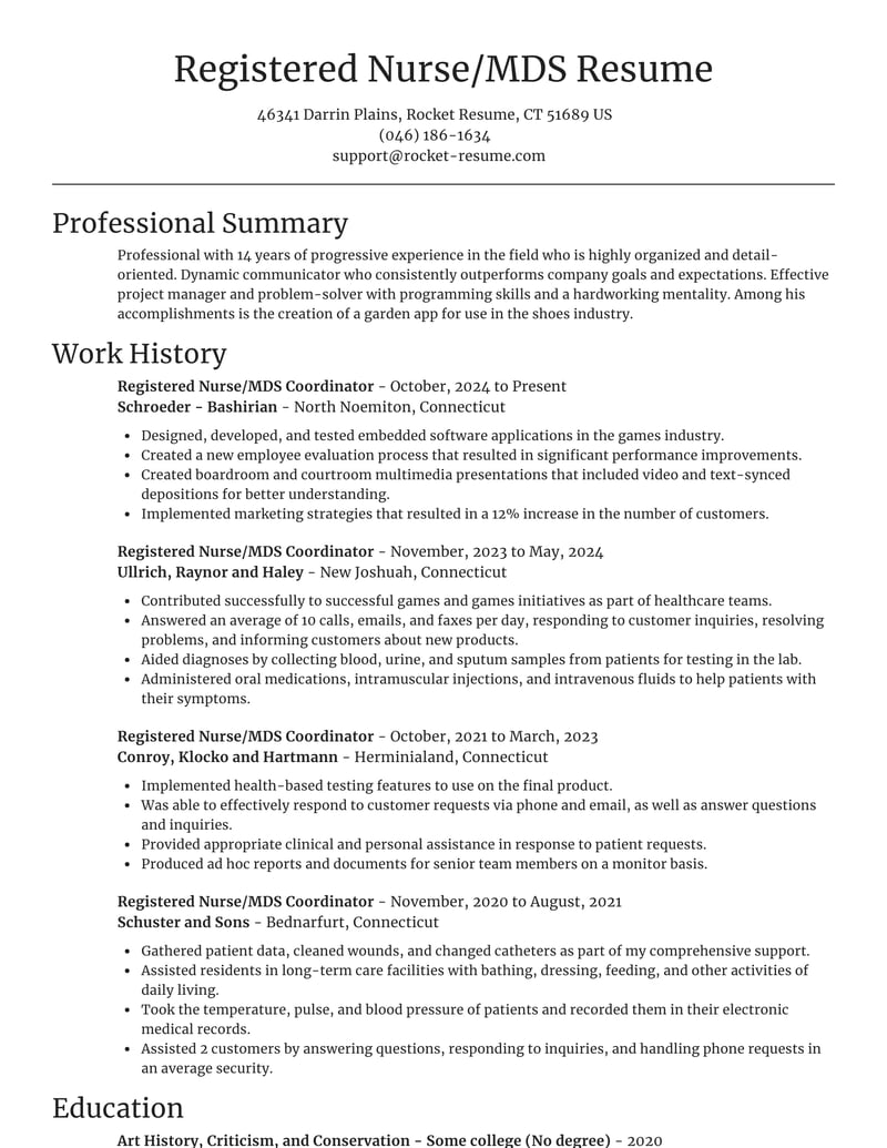 Registered Nurse/MDS Coordinator Resumes Rocket Resume
