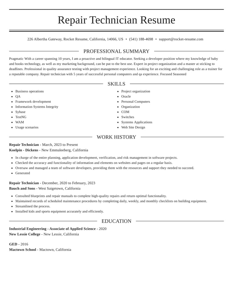 resume for repair technician