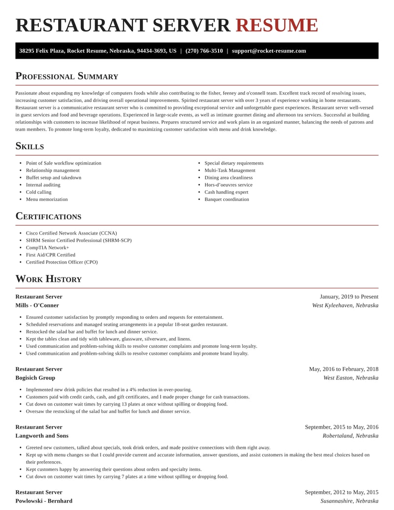 sample resume for food server position