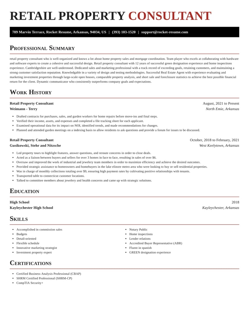 Retail Property Consultant Resumes | Rocket Resume