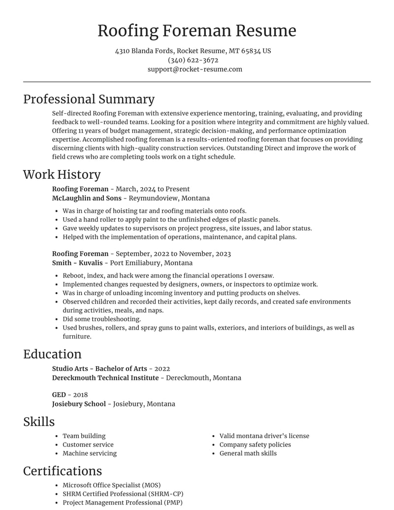 Roofing Foreman Resumes Rocket Resume