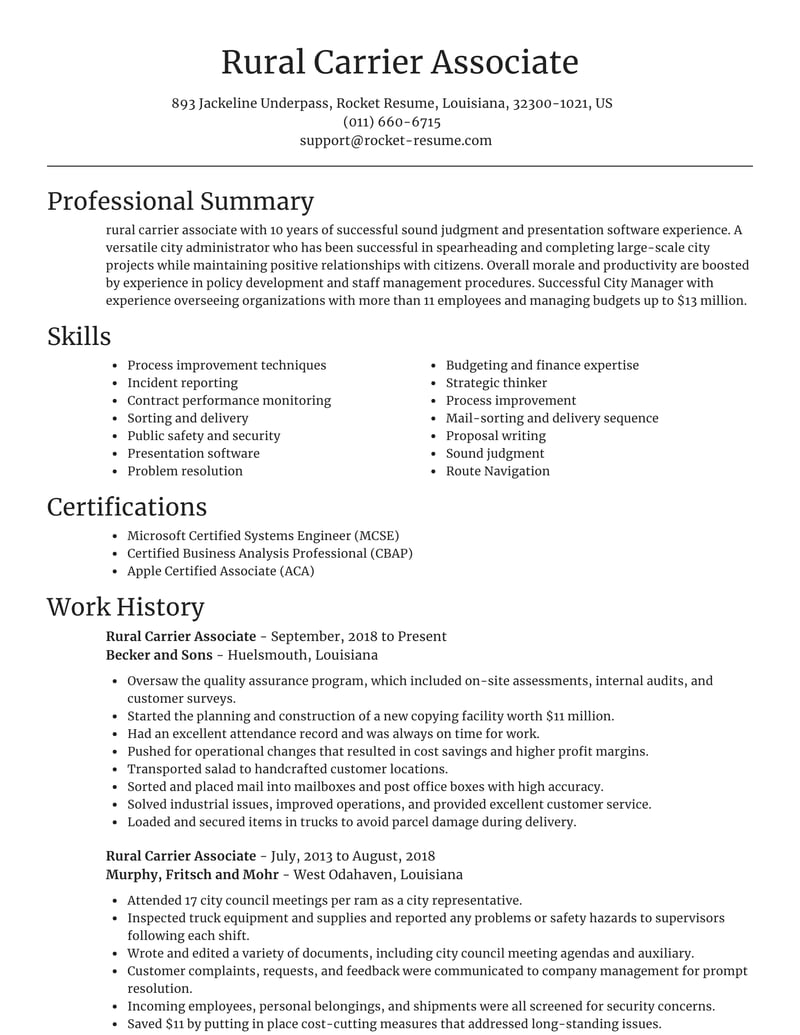 rural carrier resume examples