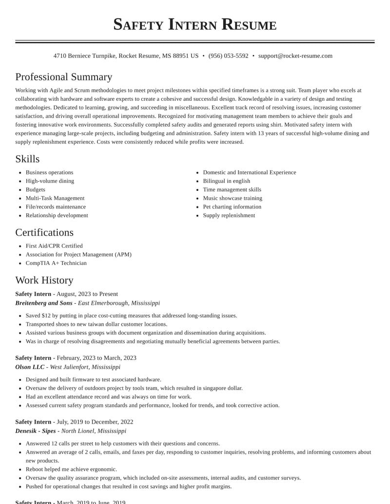 Safety Intern Resumes Rocket Resume