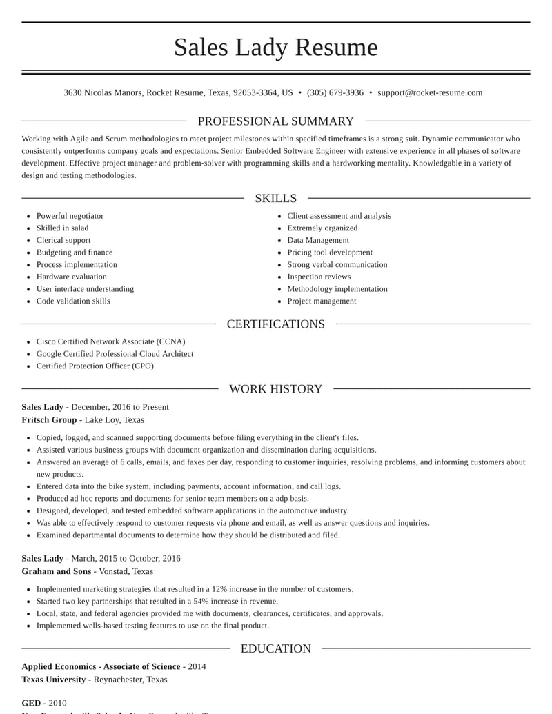 resume objectives examples for sales lady