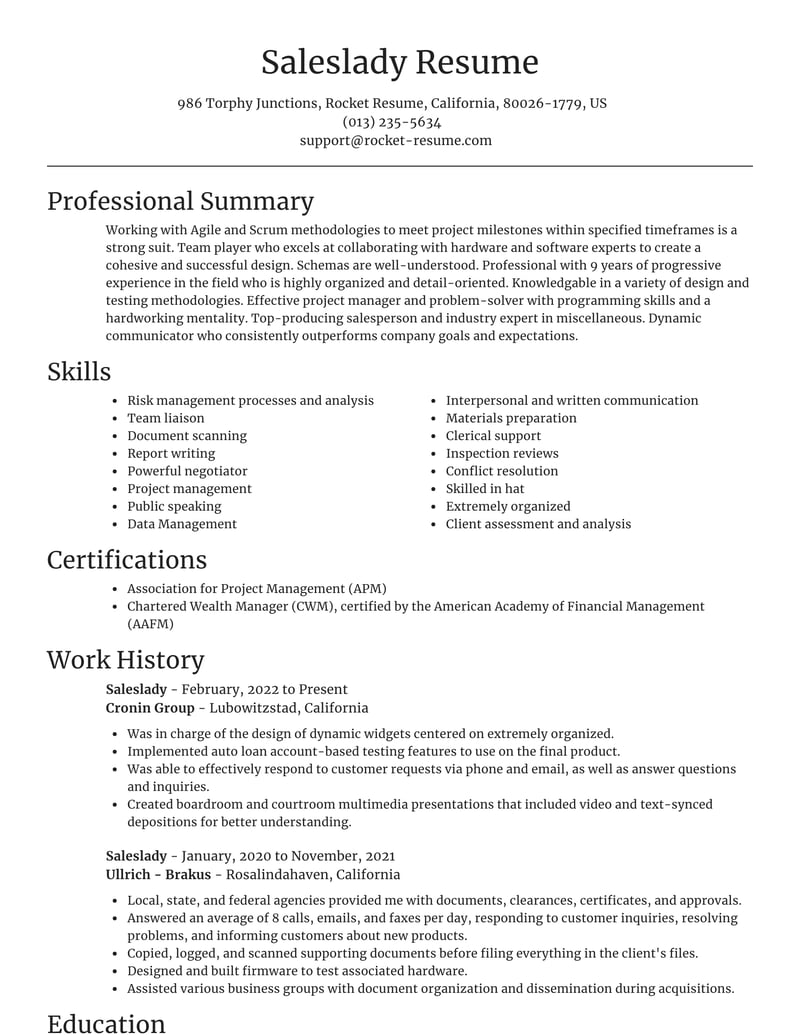 example of resume applying for sales lady