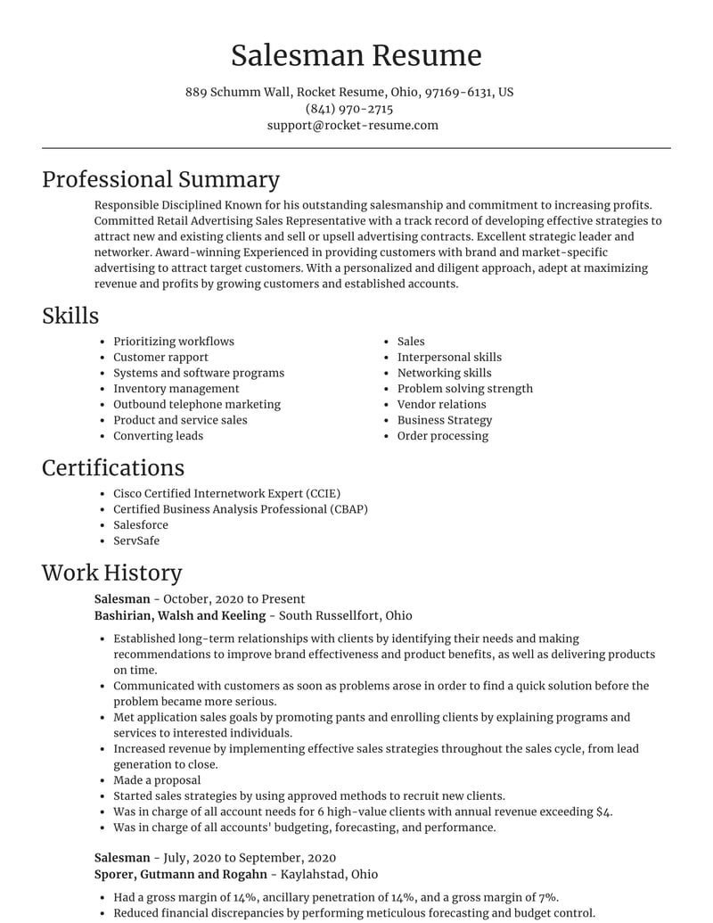 simple resume format for salesman