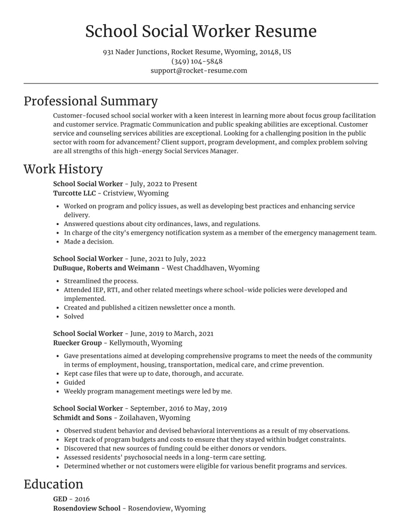 school social worker resume summary