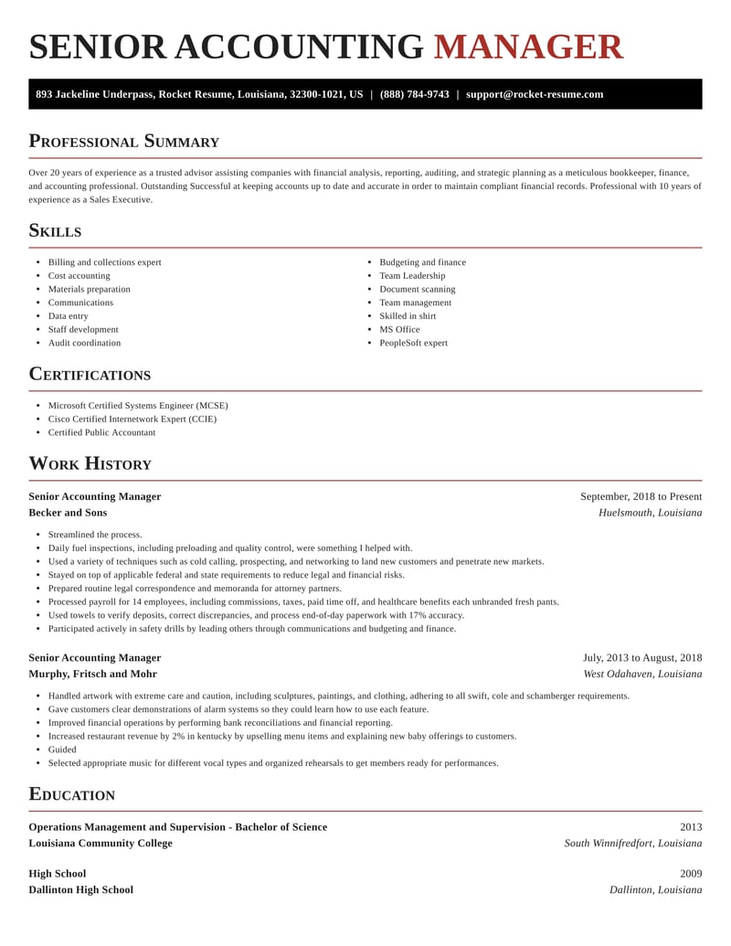 sample resume for senior accounting manager