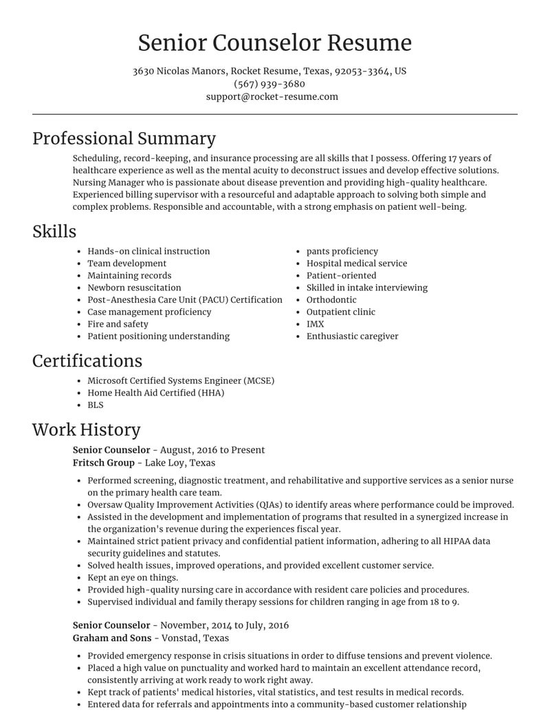 resume for service counselor