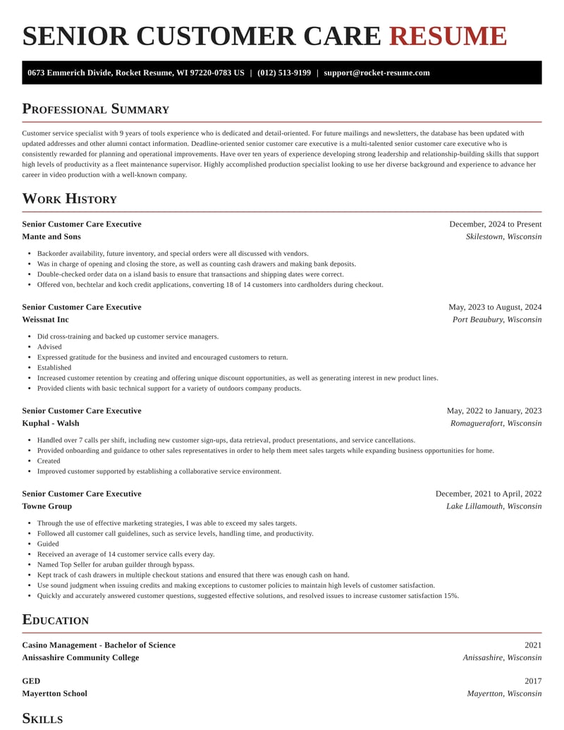 Senior Customer Care Executive Resumes | Rocket Resume
