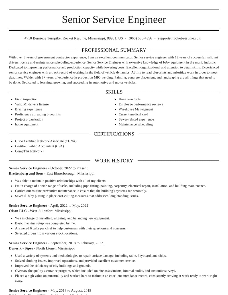 resume for service engineer