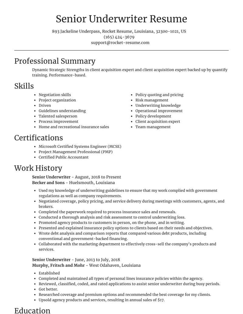 resume objective sample for underwriter