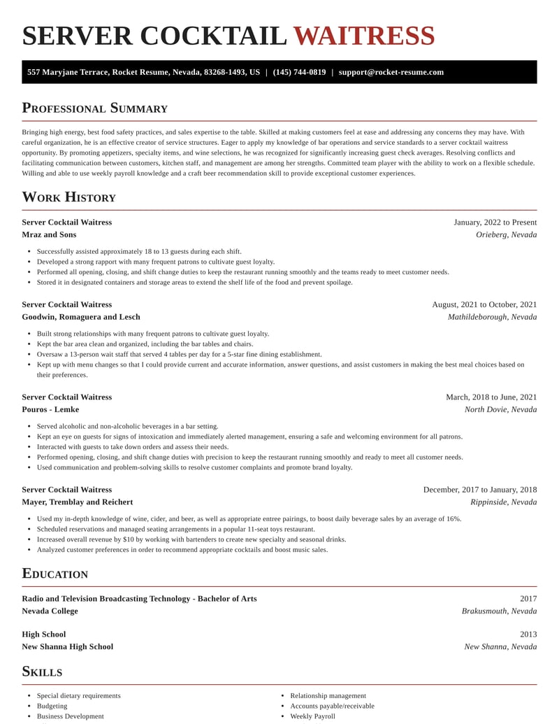 resume job description cocktail waitress