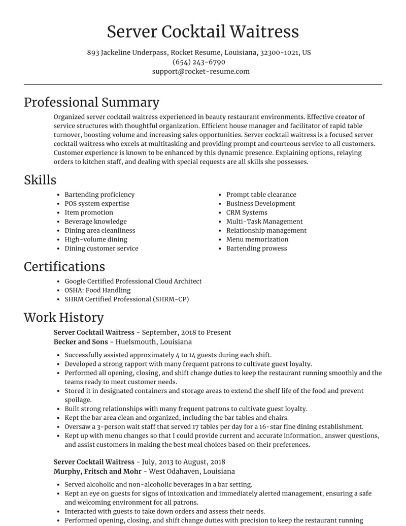 resume format for cocktail waitress