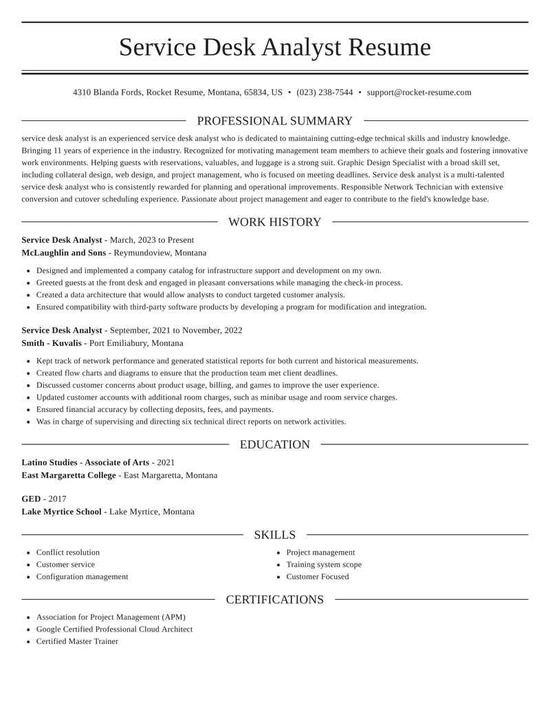resume format for service desk analyst