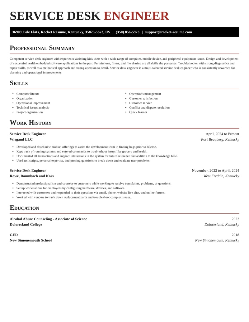 service desk engineer resume sample