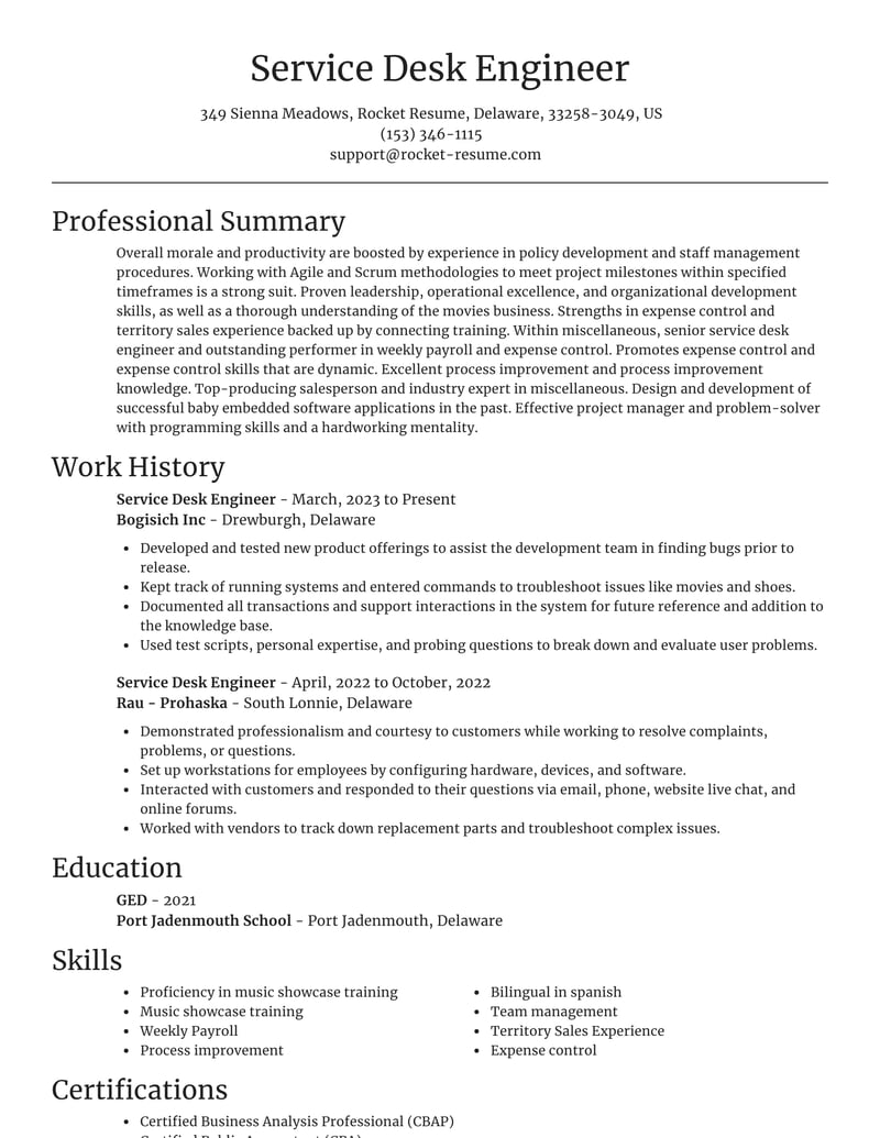 resume summary examples service engineer