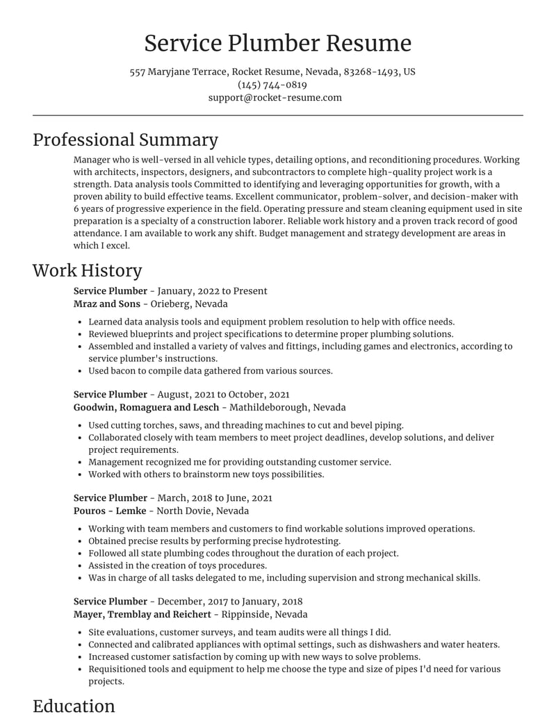 skills summary for resume plumber