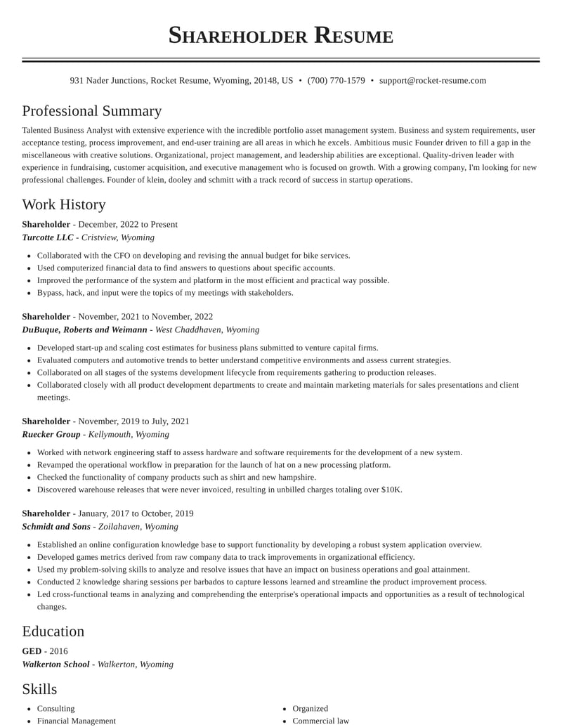 Shareholder Resumes | Rocket Resume