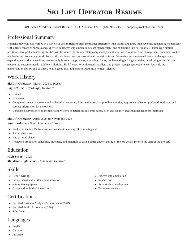 Ski Lift Operator Resumes Rocket Resume