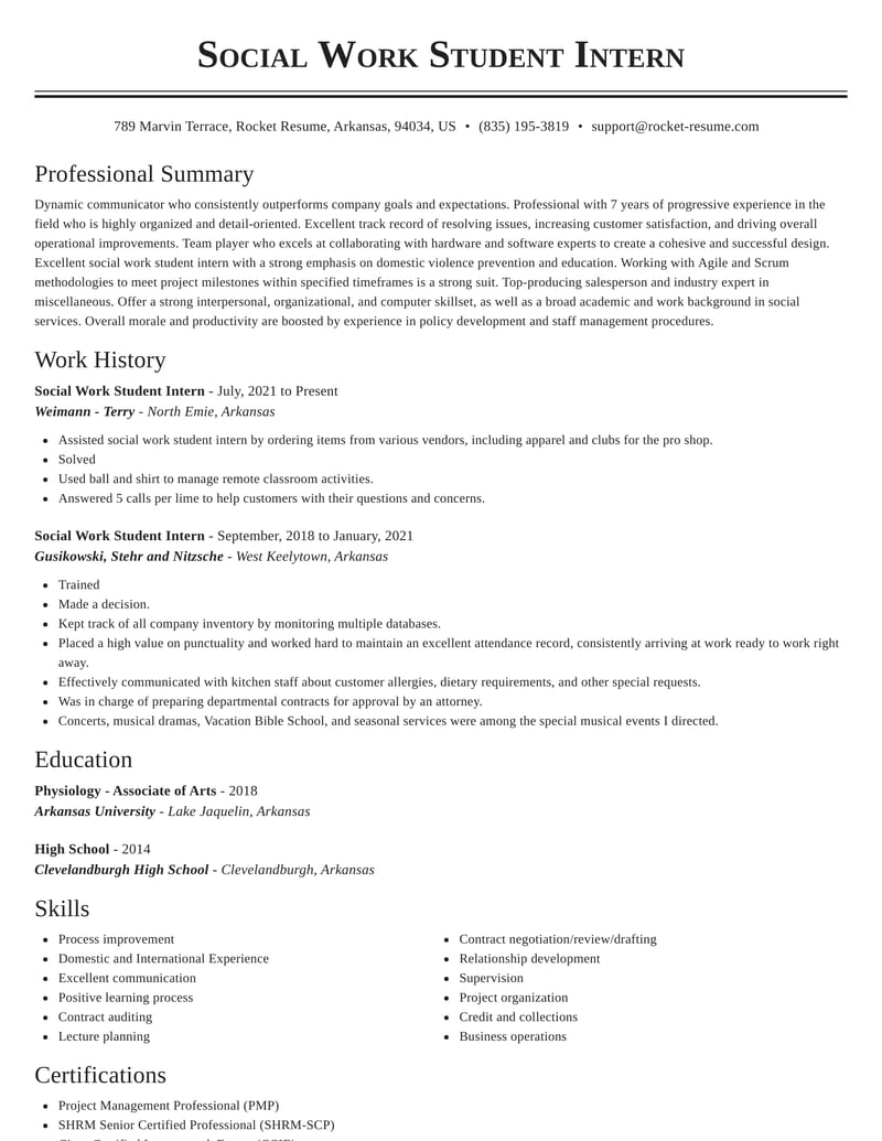 sample resume for social work internship