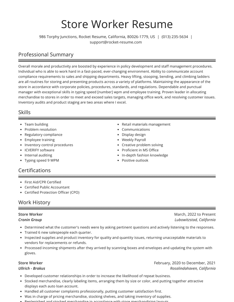 retail worker resume examples